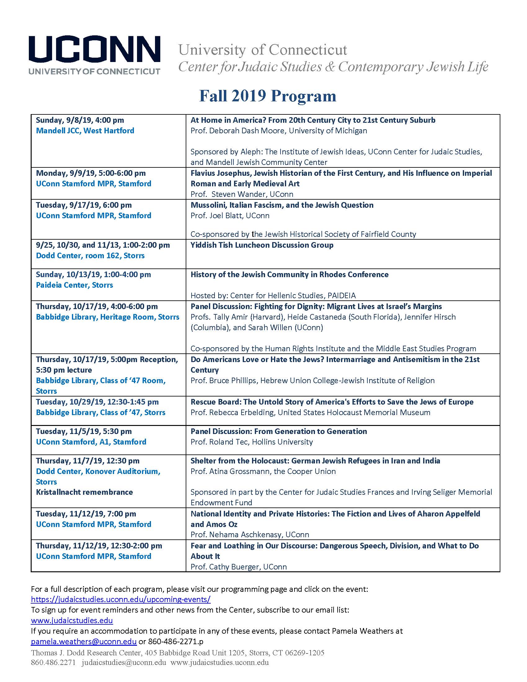Fall 2019 Program UConn Center for Judaic Studies